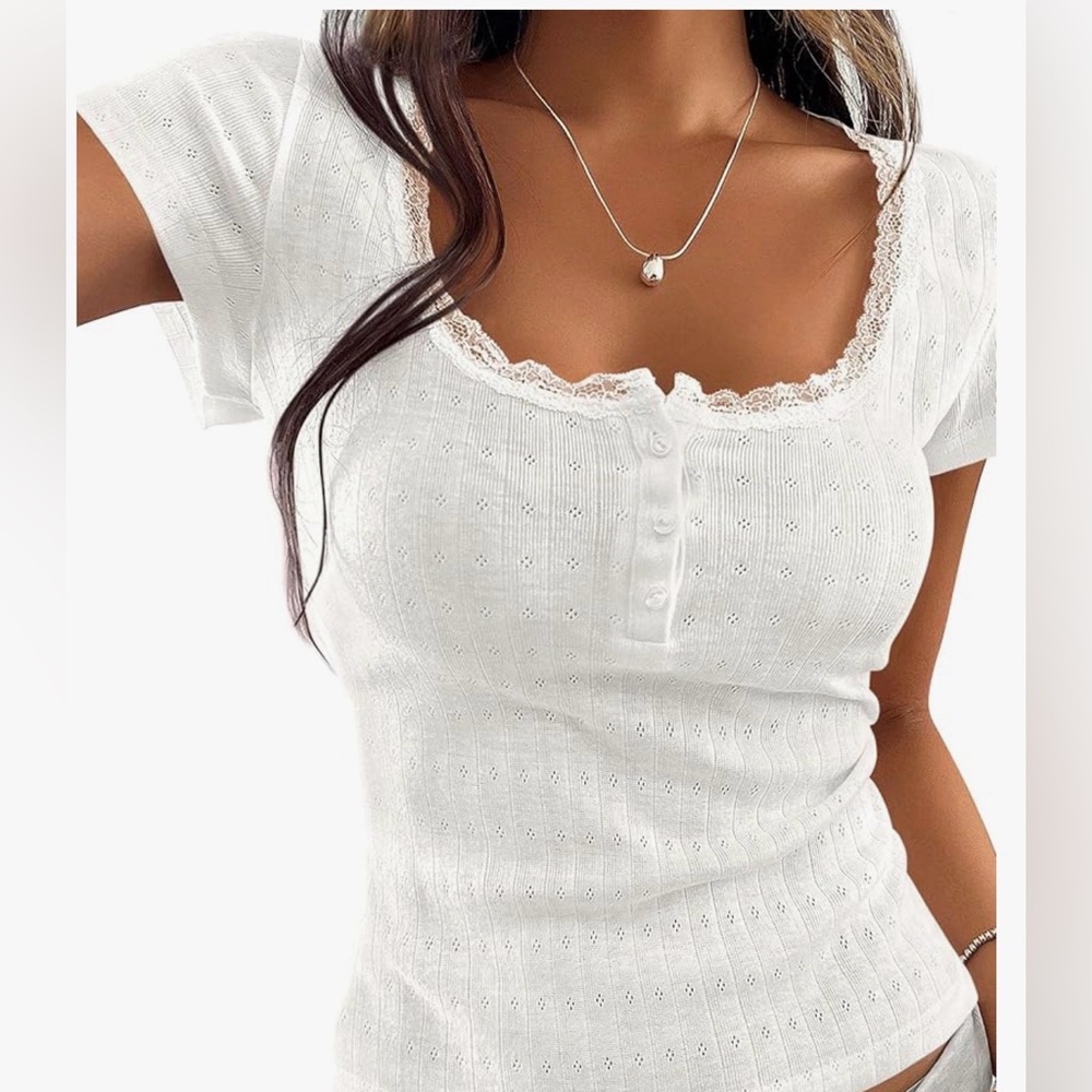 Summer Tops for Women 2026 Short Sleeve Lace Trim Slim Fitted Henley y2k‎